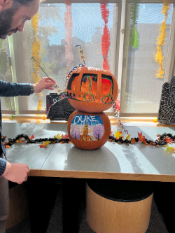 A Darnell lab member makes a creative statement with his Halloween pumpkin carving.