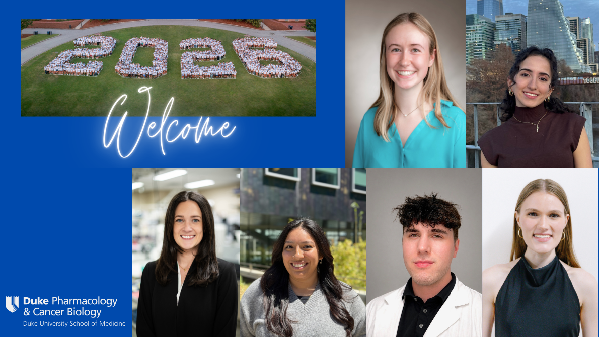 Image welcoming new graduate students in the Department of Pharmacology and Cancer Biology. Includes a photo of students making the number 2026 with the text Welcome overlaid. Includes department logo and the headshots of the six incoming students.