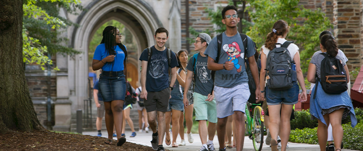 students walking down the Abele Quad on Duke West Campus