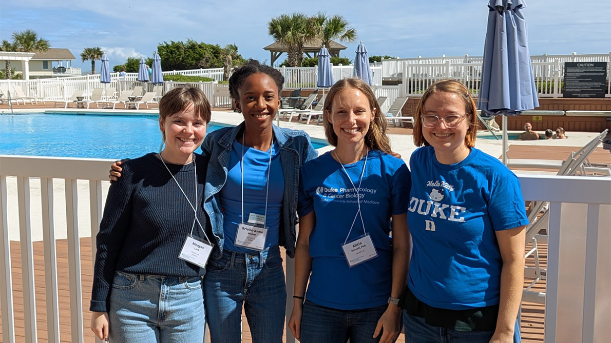 The Darnell lab at the 2025 PCB retreat in Wrightsville beach: graduate students Meagan Luck and Brielle-Anne Michel, Alicia Darnell, and postdoc Chloe Barrington-Ham.
